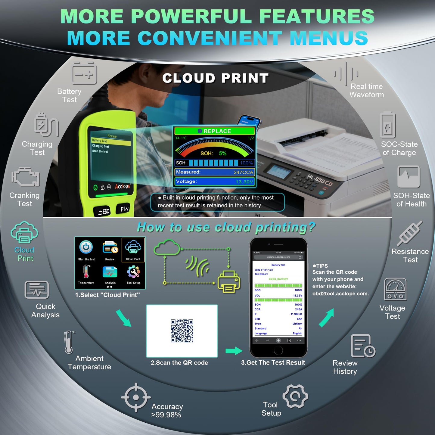 Acclope BT90 PRO 2-360Ah Battery Tester with Cloud Printing, 30-3800 CCA, 6V/12V/24V Digital Analyzer, SOH/SOC/Volt/Res/Cranking&Charging Test, Real‑Time Ambient Temp, AGM/EFB/Gel/Li