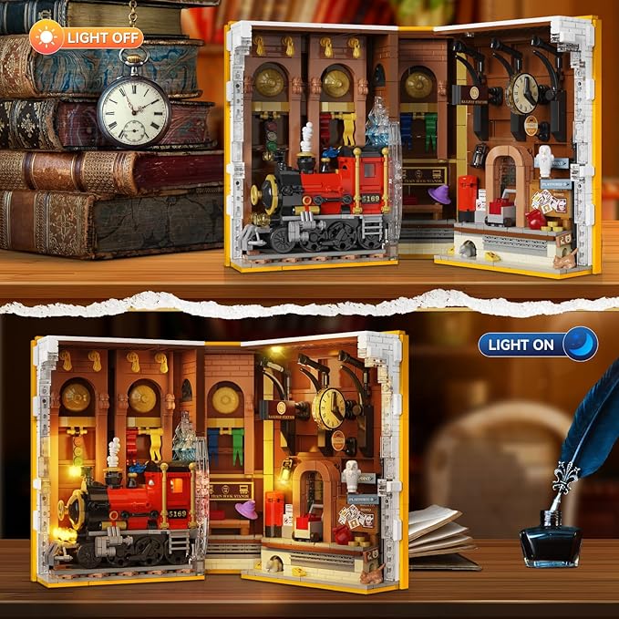 HOGOKIDS Magic Train Station Book Nook Building Set with Light 1300 PCS Booknook Building Toys for Bookshelf Home Decor DIY Miniature House Model Kit Gifts for Adults Boys Girls Age 10+