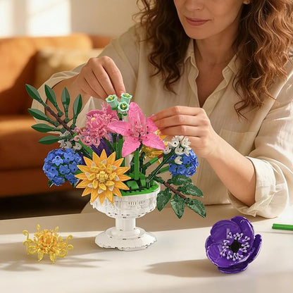 Botanicals Flower Bouquet Building Block Sets Includes Hydrangea Dahlia Azalea Artificial Flowers Arrangement With Vase Valentine's Day Gift For Her Women Girls Floral Table Centerpiece