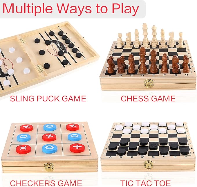 Sling Puck Game Chess Checkers Game Set 4 in 1 Board Game Fast Hockey Table Game Tic Tac Toe Slingshot Chess Set for Kids