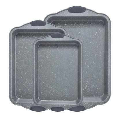 Anveena 3-Piece Nonstick Kitchen Oven Baking Pans - Premium & Stylish Non-Stick Steel, Commercial Grade Restaurant Quality Metal Bakeware with Red Silicone Handles - Easy to Clean gray