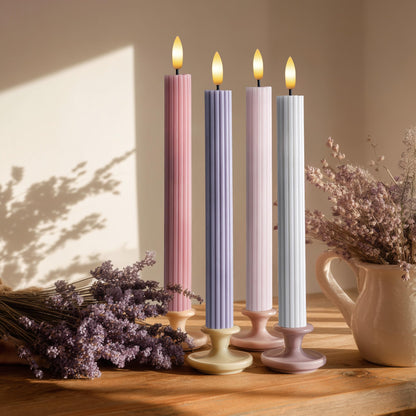WYZworks Coordinated Dusty Mauve Pinkish Lilac 4 Pack, 10" Real Wax LED Flameless Fluted Ribbed Grooved Taper Candles, Remote & Timer Memory, On/Off Button, Dimmable, Battery Operated, Menorah Wedding