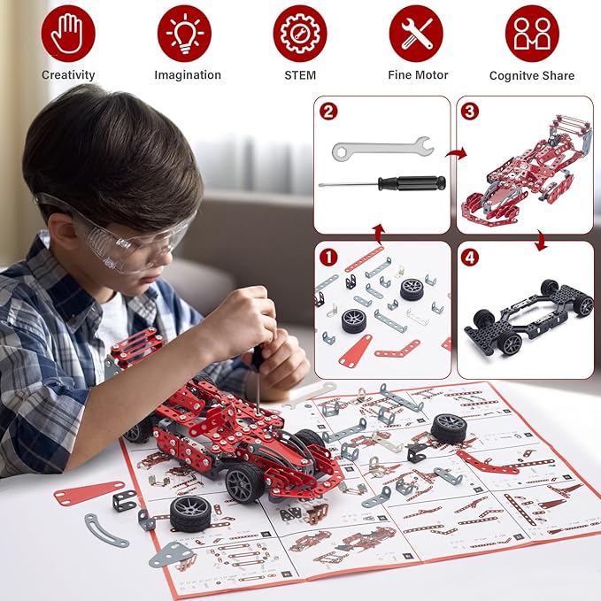 Building Kit Red Model Car Set - 287 PCS STEM Project Building Toys for Kids Ages 8-12 Assembly Building Vehicle for Boys 8 9 10 11 12-16 Years Old and Up Boys Girls Adults