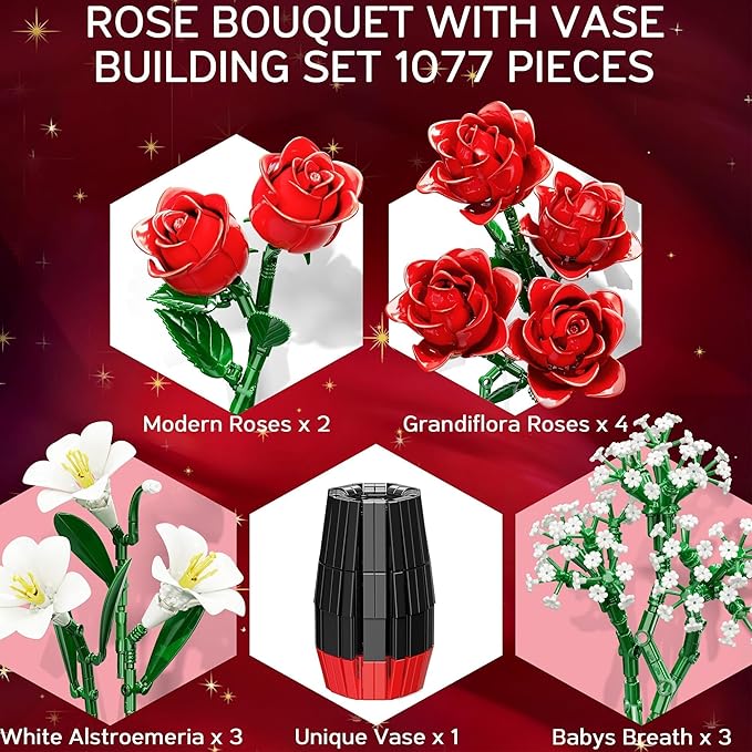 Rose Flowers Bouquet Building Set with Vase Included 1077 PCS Artificial Flowers Botanical Collection Kit for Adults Women Men &amp Teen Girl Mother's Day Birthday Gifts for Mom Her Wife Girlfriend