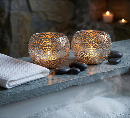 Metal Cut-Out Tealight Candle Holders Set of 2 – Geometric Lanterns for Table Centerpiece & Bathroom Spa – Shatterproof Holiday Decor, Winter Wedding (Gold*2)