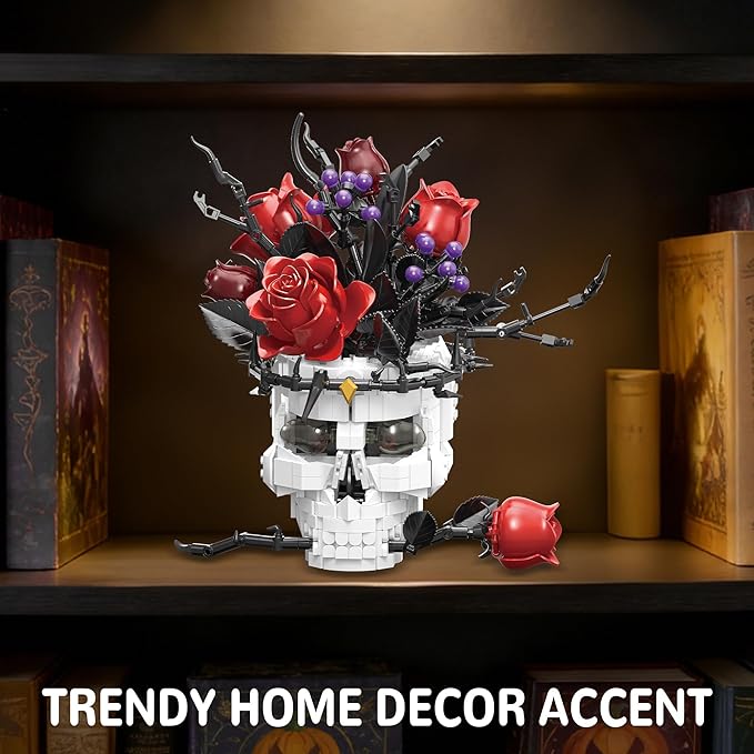 Skull Roses Flowers Building Set for Adults Gothic Horror Skeleton with Red Bouquet Botanical Collection Home Art Decor Gift for Women Girls