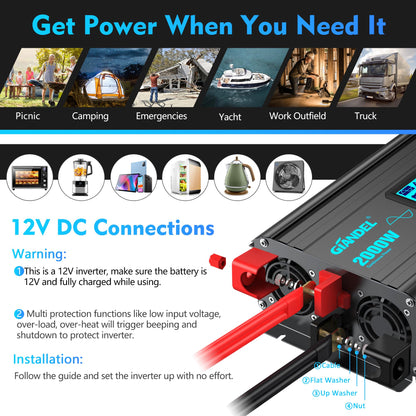 2000 Watt Pure Sine Wave Power Inverter 2000W 12V DC to 120 V AC Lithium Battery Compatible for RVs Off Grid Solar Boat Camper Starlinks System with 20Amps Hardwire Block and USB-C PD30W by GIANDEL
