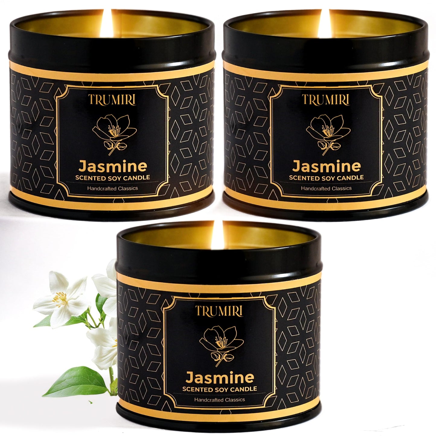 Jasmine Candle Strong Scented Soy Candel Clean Non Toxic Velas Aromáticas for Women Gift for Diwali Pack of 3 5Oz Decorative Tin Jars with Lids