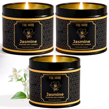 Jasmine Candle Strong Scented Soy Candel Clean Non Toxic Velas Aromáticas for Women Gift for Diwali Pack of 3 5Oz Decorative Tin Jars with Lids
