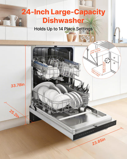 VEVOR 24 Inch Built-In Dishwasher, Stainless Steel Tub, 14 Place Settings and 8 Washing Programs, 23.82 x 25.2 x 33.78 Inch Low-Noise Dishwashing Machine with Upper/Lower Racks and Zoned Storage