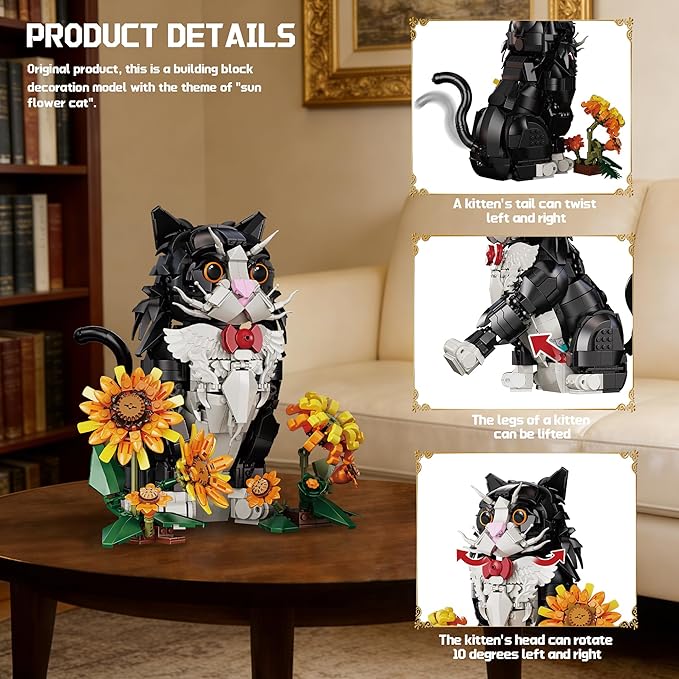Tuxedo Cat Building Set with Sunflowers for Adults Ages 14+ Compatible with Lego Animal Kit for Home Living Room or Bedroom Decor Black - 1434PCS