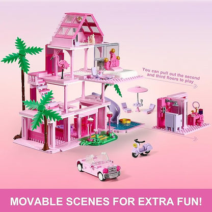 Girls House Building Sets Compatible with Lego Friends for Girls Age 8-12 4-Story Pink Villa Building Blocks Toys with Pull-Out Floors 903 Pieces Great Birthday Gift for Girls 8-14