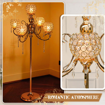 50" Tall Large Elegant Crystal Candelabra/Candlestick Holder Centerpiece for Weddings, Parties & Reception Decoration, Tealight Tray & Gorgeous Floor Candelabra Home Decor(Gold-1pc, 5-Arm)