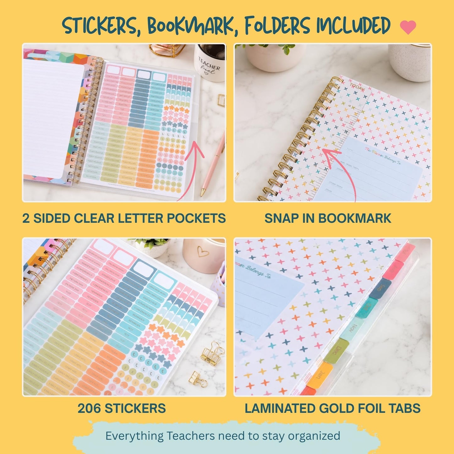 Undated Teacher Planner 8.5 x 11-12 Months & 52 Weeks | Colorful School Supplies Cover | Monthly & Weekly Lesson Plan Book with Stickers, Storage Pocket & Snap-In Bookmark | Classroom Organizer