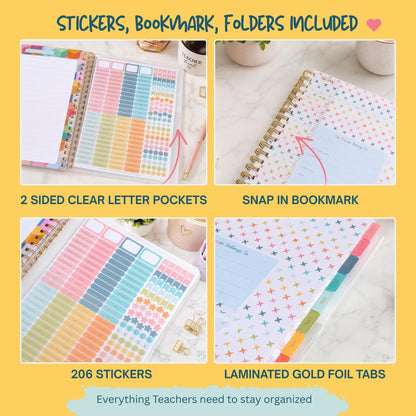 Undated Teacher Planner 8.5 x 11-12 Months & 52 Weeks | Colorful School Supplies Cover | Monthly & Weekly Lesson Plan Book with Stickers, Storage Pocket & Snap-In Bookmark | Classroom Organizer
