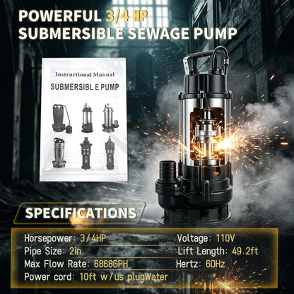 Submersible Sewage Sump Pump, 3/4HP 115V, 6868 GPH Stainless steel Sewage Pump Automatic Float Switch, 2'' NPT Discharge, 10FT Cable for Basement Sump Basin & Sewage Pit