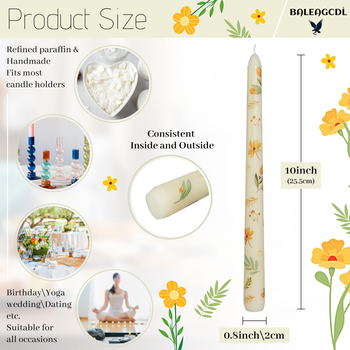 Flowers Printed Taper Candle - Baleagcdl Ivory with Iris Floral Candlesticks Handmade Long Tapered Candles 10 Inch Drip Candle for Wedding Home Holiday Decor Gifts - Set of 2