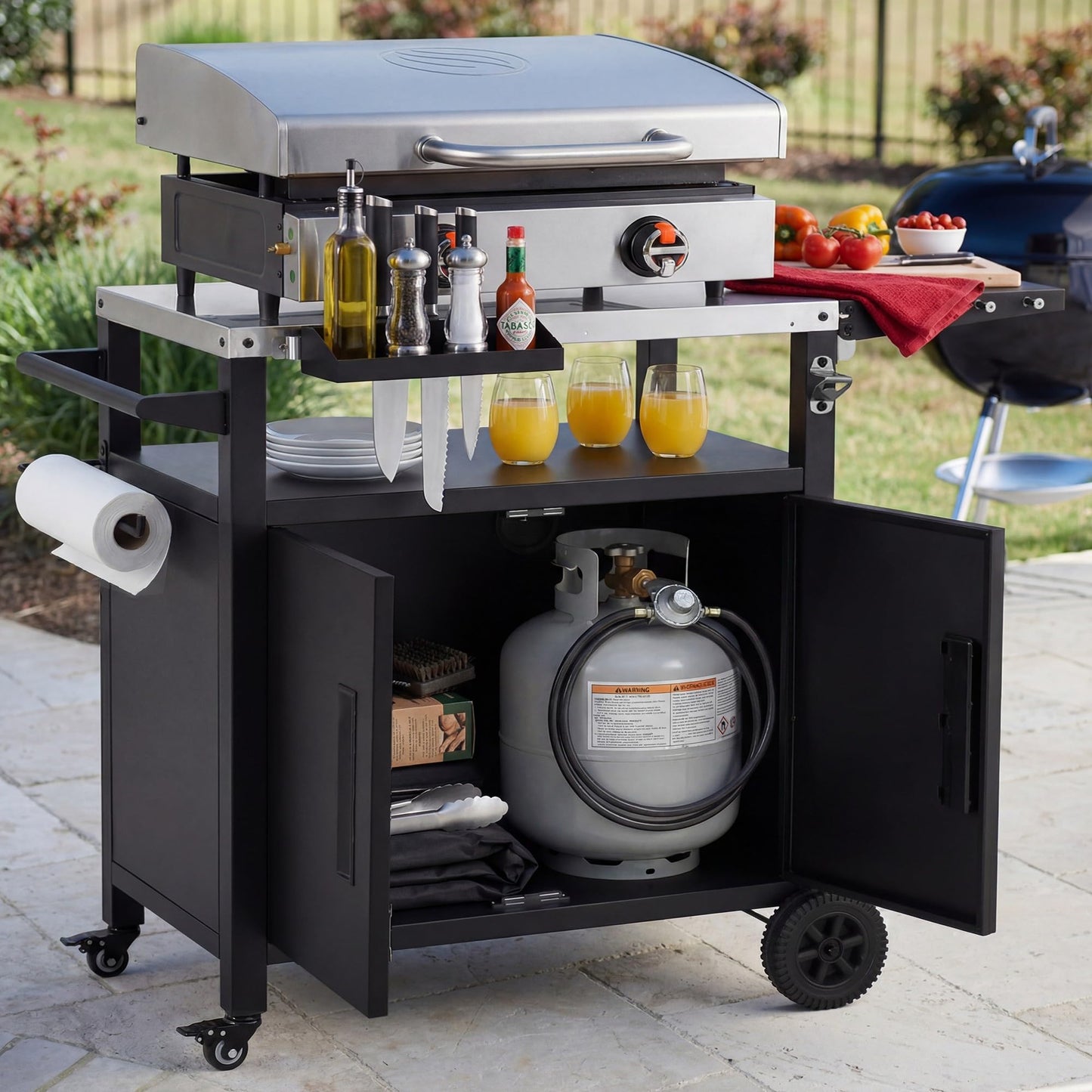 Polibi Outdoor Grill Cart with Storage Cabinet, Stainless Steel Top BBQ Island with Foldable Table & Wheels, Pizza Oven Table with Hooks & Spice Rack, Waterproof Cover Included
