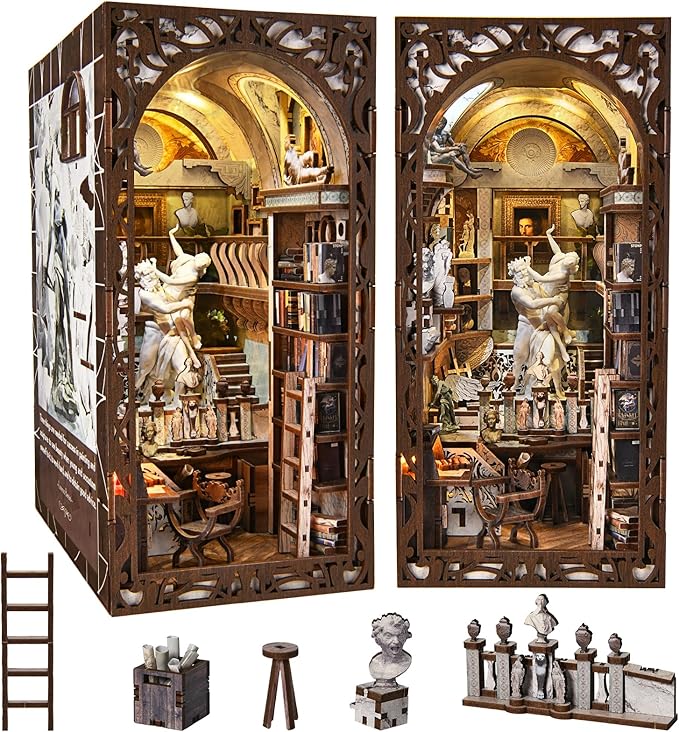 Book Nook Kit DIY Doll House Booknook Miniature Kit for Bookshelf Doll Houses for Adults Teen Halloween 3D Wooden Puzzle Bookends with Led Light and Dust Cover (Bernini's Workshop)
