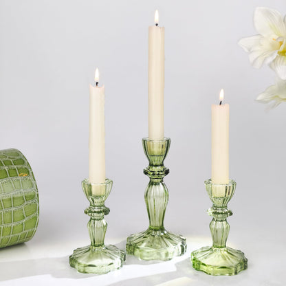 CHOCSTAY Glass Candlestick Holders Set of 3, Green Stripe Taper Candle Holders for Table Centerpiece, Home Decorations, Wedding and Party