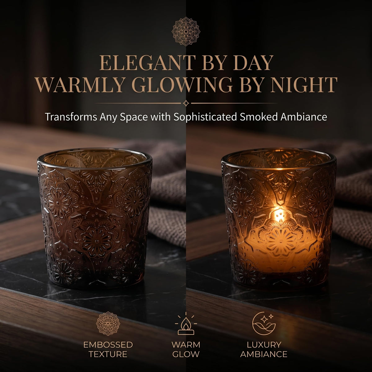 6 Pack Mandala Embossed Glass Candle Holders – Votive Tealight Holders with Patent Design, Decorative Embossed Glass Cups for Wedding Centerpieces, Parties, and Home Décor (Chestnut Brown)