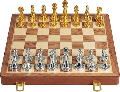 Metal Chess Set for Adults Kids 12'' Folding Wooden Chess Board with Metal Chess Pieces Handcrafted Portable Travel Chess Sets Game for Beginner Professional (Weighted Non-Magnetic)