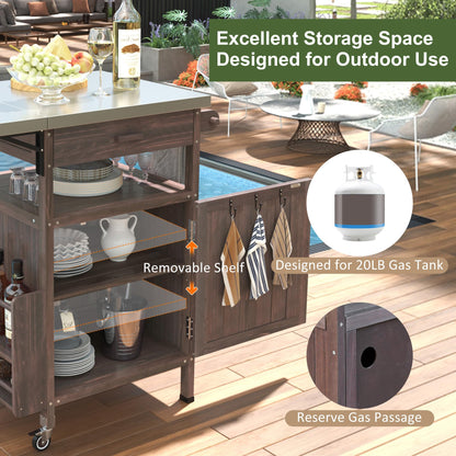 Trygoal Outdoor Grill Cart with Stainless Steel Top, 40.5”Solid Wood BBQ Prep Table for Pizza Oven, Mobile Outdoor Kitchen Island with Drop Leaf, Storage Cabinet, Towel Rack & Spice Holder for Patio