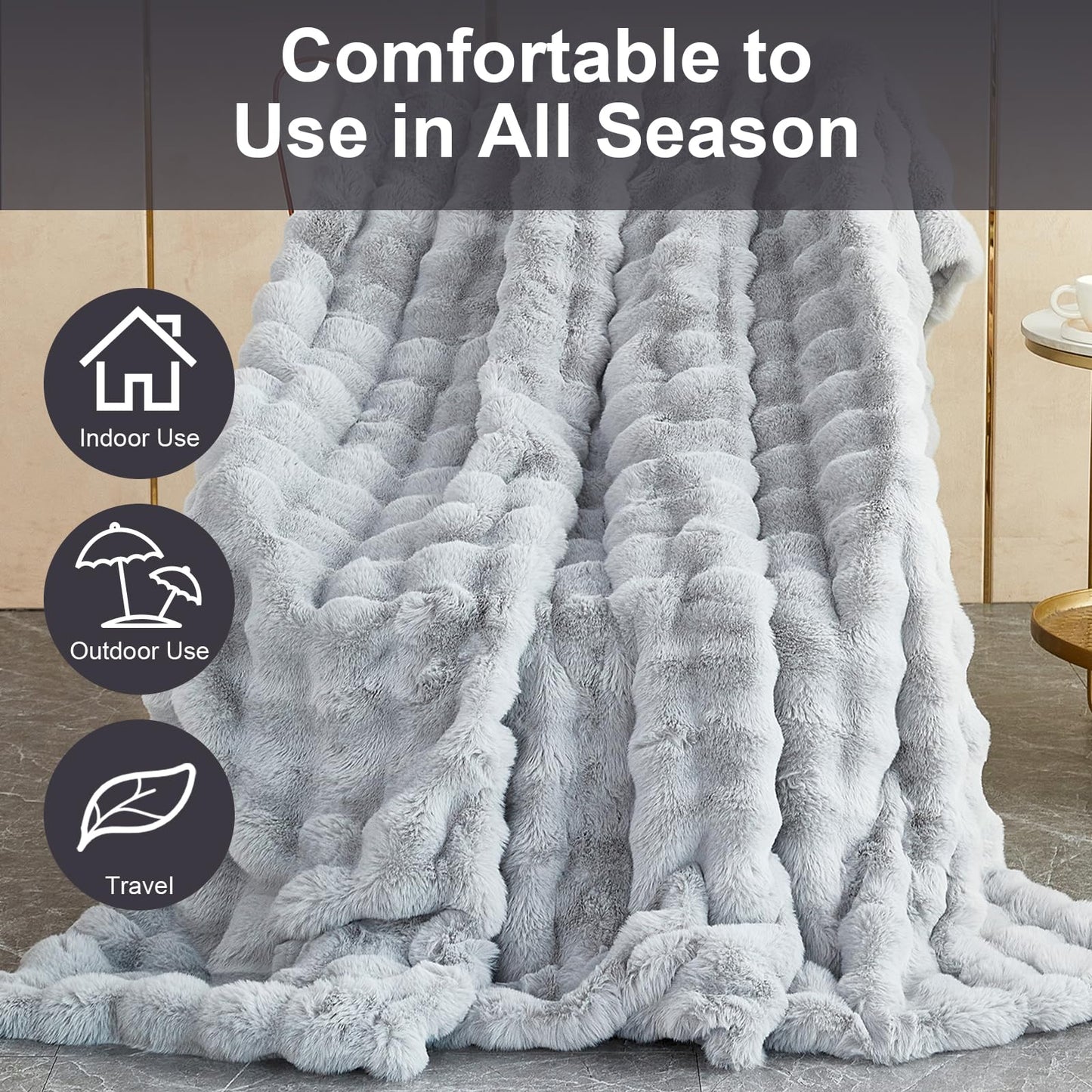 Soft Warm Faux Rabbit Fur Blanket - Thick 1000 G/M Faux Fur Throw with Ruffles - Fluffy, Versatile for Bed, Sofa, Office (Light Gray, 130x160cm / 51"x63")