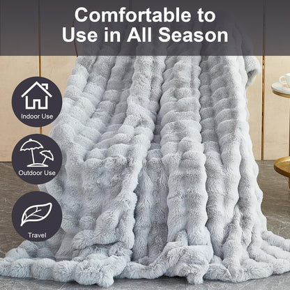 Soft Warm Faux Rabbit Fur Blanket - Thick 1000 G/M Faux Fur Throw with Ruffles - Fluffy, Versatile for Bed, Sofa, Office (Light Gray, 130x160cm / 51"x63")