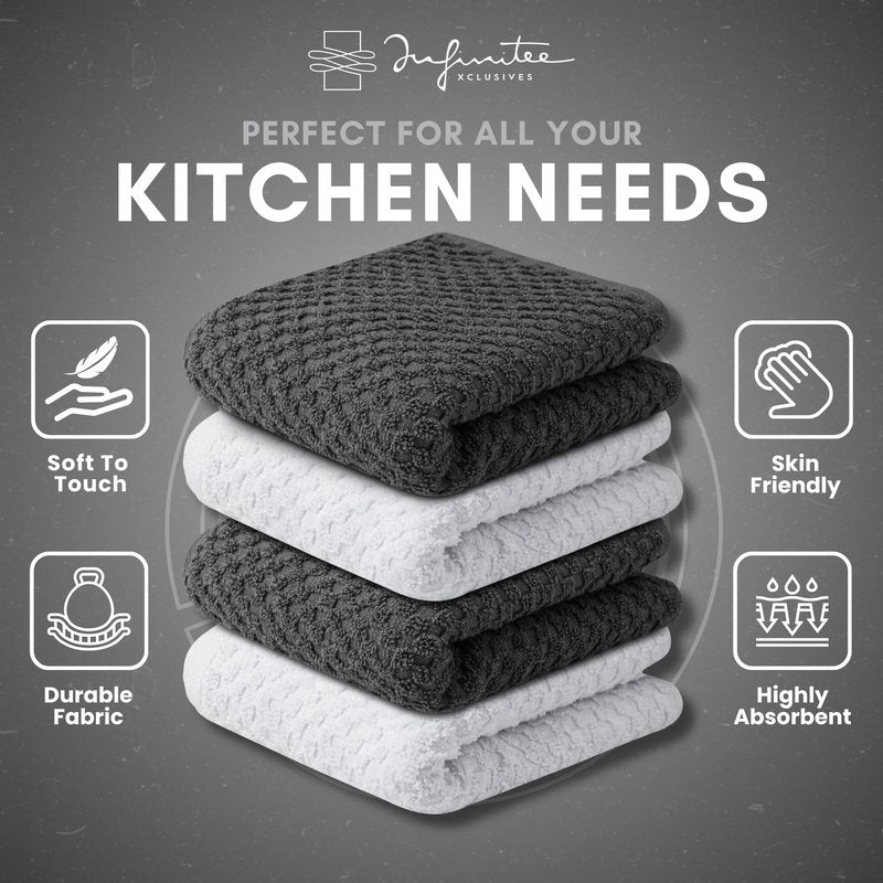 Infinitee Xclusives Premium Dish Cloth 100% Cotton 12 x 12 Inches |Pack of 4| - Ultra Soft Tea Towels - Highly Absorbent Kitchen Rags - Terry Dishcloth for Kitchen and Household Cleaning |Grey|