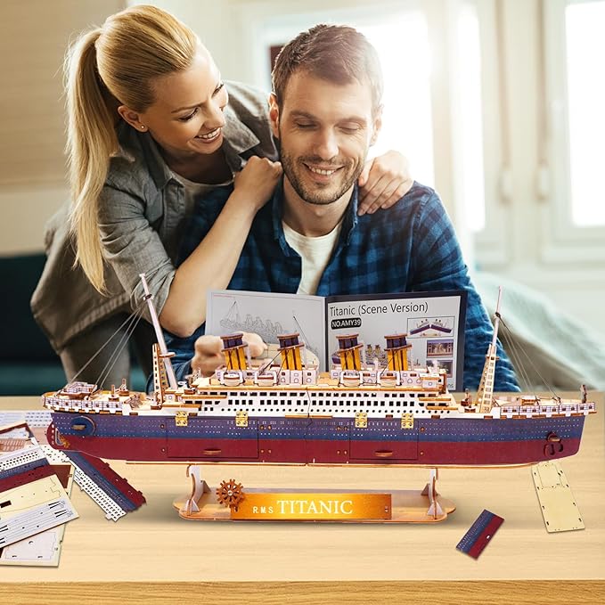 Titanic 3D Puzzles for Adults LED Titanic Metal Ship Model Building Kits for Home Desk Decor 368 Pcs Wooden DIY Arts and Crafts Collection Gifts for Couples Women Teens 14 +