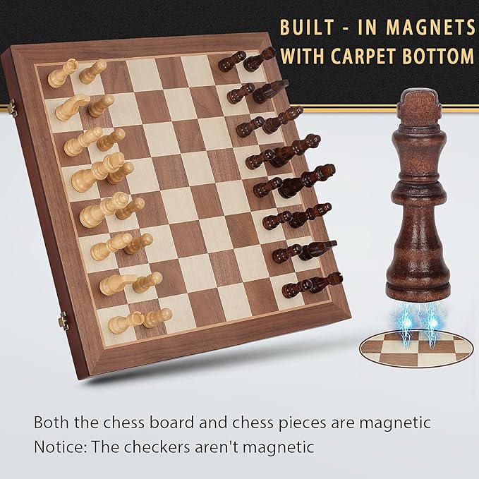 2 in 1 Magnetic Chess Set &amp Checkers Board Game 15 Wooden Folding Chess Board with 2 Extra Queens Portable Travel Chess Set with Pieces Storage Slots Beginner Chess Board Game for Adults &amp