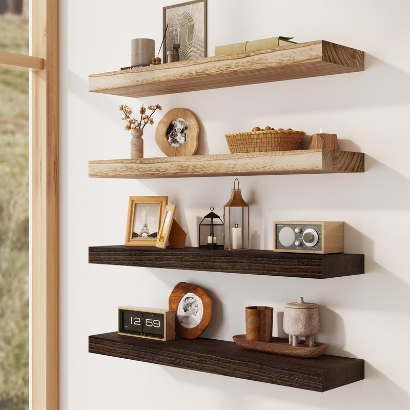 Solid Wood Floating Shelves for Wall 36"W x 8"D x 1.56"H Set of 2, Deep Wall Shelves for Living Room Bedroom Bathroom Kitchen Decor Storage with Invisible Heavy-Duty Metal Bracket, Carbonized Black