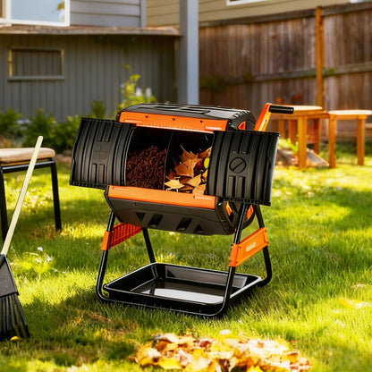VEVOR Compost Tumbler, 53 Gallon Dual Chamber Outdoor Tumbling Composter with 2 Sliding Doors and Aeration System, Large Easy-Turn Rotating Composting Bin for Outside, Garden, Kitchen, and Yard Waste