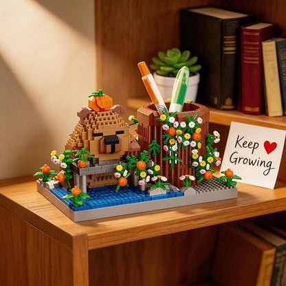 Reading Cute Capybara Desktop Decor - Micro Mini Building Block Toy Pen Holder Animal Style with Flower Perfect as a Gift Representing Love for Learning