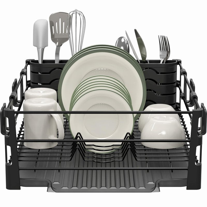 Simple Houseware Dish Drying Rack with Drainboard, Utensil Holder & Mug Hooks, Black Metal Kitchen Counter Organizer
