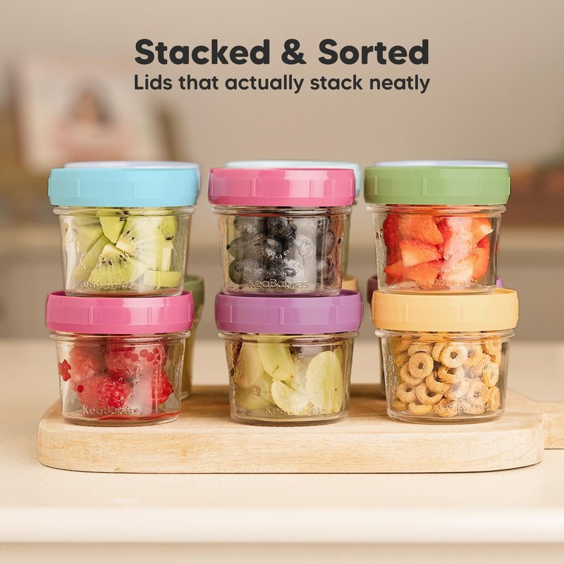 KeaBabies 12pk 4oz Glass Baby Food Containers with Lids - Leak-Proof, Microwavable Small Glass Jars, Baby Purees & Toddler Snack Storage Containers, BPA-Free, Dishwasher & Freezer Safe (Nord)
