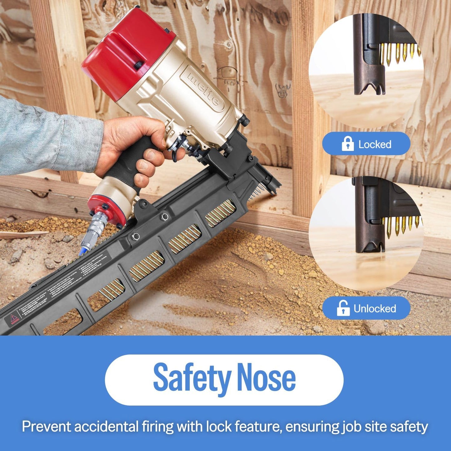 meite SN2183F 21 Degree Framing Nailer Pneumatic Nail Gun, Accepts 20-22° 2" to 3-1/4" Plastic Collated Framing Nails, Air-Powered Framing Nail Gun Tools for Wall Studs Pallet Sheathing Roof Decking