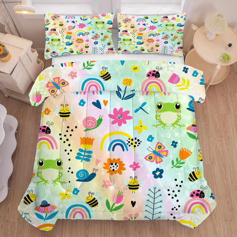 FUYEUN Rainbow Comforter Set Queen Size Cartoon Frogs Bedding Sets for Girls Kids Women Boys Flowers Butterfly Bees Snails Insects Cute Kawaii Quilt 1 Comforter + 2 Pillow Cases