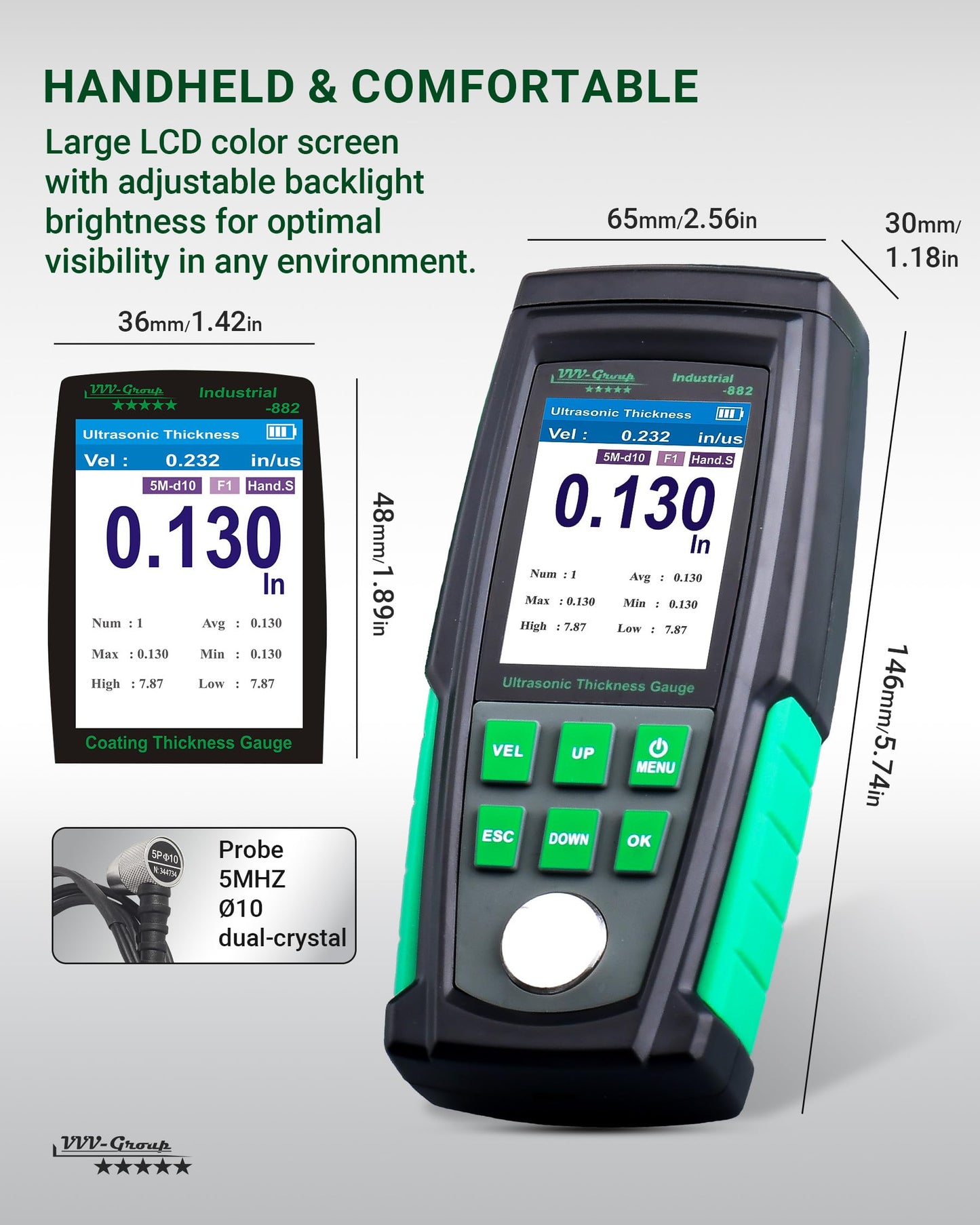 Ultrasonic Thickness Gauge Industrial-882 – Metal Thickness Tester for Steel, Pipes and Industrial Materials, 0.039–8.858 in (1–225 mm) Range, Color LCD, Auto Calibration, Handheld Thickness Tester