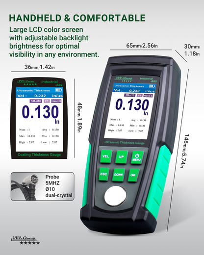 Ultrasonic Thickness Gauge Industrial-882 – Metal Thickness Tester for Steel, Pipes and Industrial Materials, 0.039–8.858 in (1–225 mm) Range, Color LCD, Auto Calibration, Handheld Thickness Tester