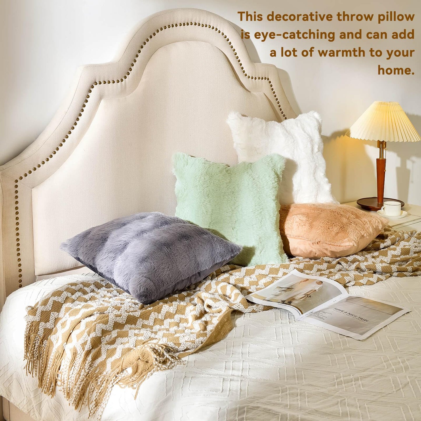 AmHoo Pack of 2 Throw Pillow Covers 3D Dense Faux Rabbit Fur Cozy Super Soft Fuzzy Set Case Cushion for Couch Sofa Bedroom 18 x 18-Inch Cream White