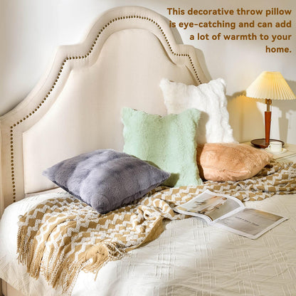 AmHoo Pack of 2 Throw Pillow Covers 3D Dense Faux Rabbit Fur Cozy Super Soft Fuzzy Set Case Cushion for Couch Sofa Bedroom 18 x 18-Inch Cream White