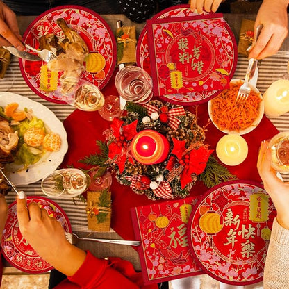 Chinese New Year Party Supplies Kit : Happy New Year Design Decorations Set with Disposable Plates Napkins Cups Tablecloth and Festive Banner - for Lunar New Year Celebrations Serves 25.