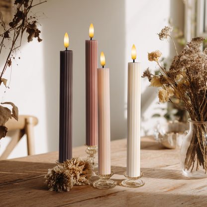WYZworks Coordinated Chocolatey Mocha Brown 4 Pack, 10" Real Wax LED Flameless Fluted Ribbed Grooved Taper Candles, Remote & Timer Memory, On/Off Button, Dimmable, Battery Operated, Menorah Wedding