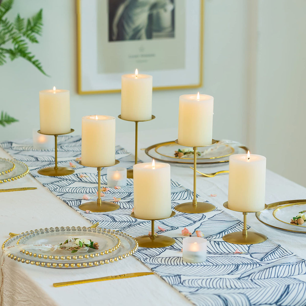Pillar Candle Holders Candle Plates - Set of 6 Candelabra Candle Stand Iron Plate Minimalism Modern Home Mantel Dinning Table Christmas Decorations Centerpiece for Wedding, Party, Events, Gold