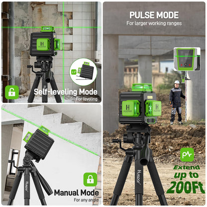 Laser Level 360 Self Leveling with 50" Tripod, Huepar 3x360° High Brightness Green Laser Leveler Tool for Construction, Tile and Picture Hanging, 5200 mAh Li-ion Battery & 2 Portable Bag Included
