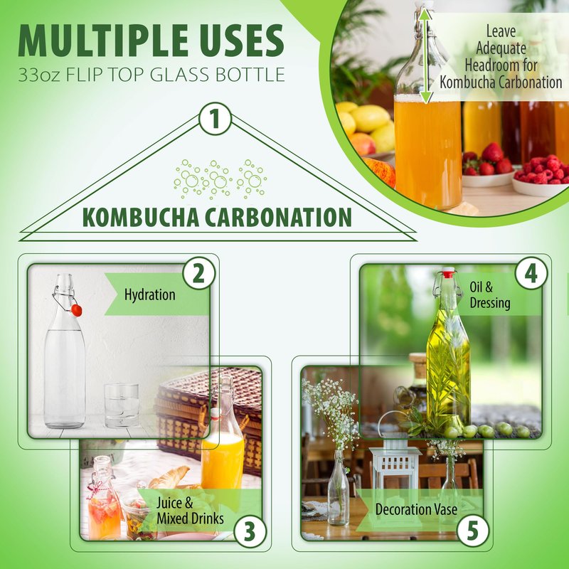 AYL Flip Top Glass Bottle [1 Liter / 33 fl. oz.] [Pack of 4] – Swing Brewing Bottle with Stopper for Beverages, Oil, Vinegar, Kombucha, Water, Soda, Kefir – Airtight Lid & Leak Proof Cap – Clear