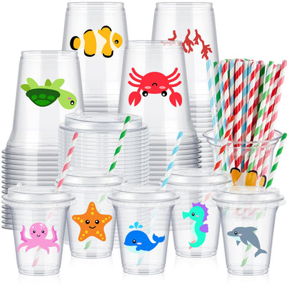 Boao 36 Sets Under the Sea Ocean Party Cups with Lids and Paper Straws 14 oz Summer Sea Birthday Party Supplies Beach Pool Disposable Clear Plastic Cups Bulk