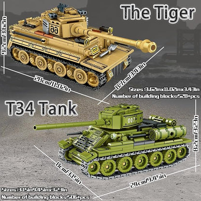 WW2 Tank Building Blocks Set – German Tiger and Soviet T-34 Army Tank Military Model Kits Toy Gifts for Boys and Men Collectors